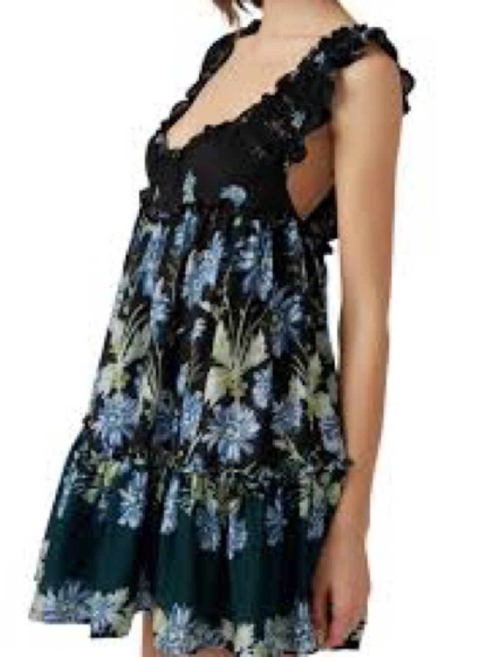 Free People Black Floral Mini Dress with Blue and Cream Accents